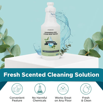 Steam & Go Demineralized Water - Ready-to-Use Eucalyptus Mint Cleaner for Steam Mops | 32 oz