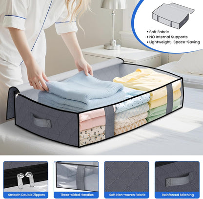 TasticTotes Under Bed Storage Containers - 4 Pack Collapsible Bags with Clear Front, 60L, Grey