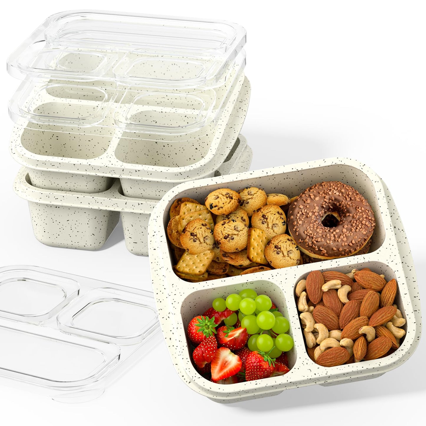 Enstphjoy Snack Boxes (3 Pack) - Stackable Bento Boxes with 3 Compartments, Meal Prep Containers Reusable, Lightweight Lunch Containers for Kids and Adults, BPA Free (Off White)