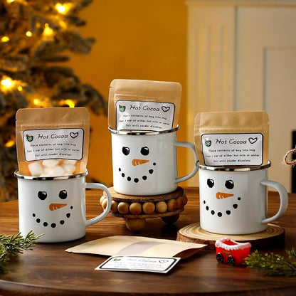 6-Piece Christmas Hot Cocoa Gift Set with Snowman Enamel Mugs, Kraft Pouches & Labels