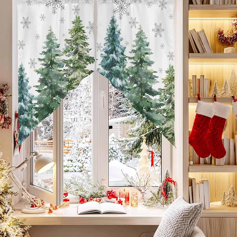 Christmas Swag Valance with Green Pine Tree Pattern, 36W x 45L, 2 Panels, Rod Pocket - Xmas Tree + 36W x 45L
