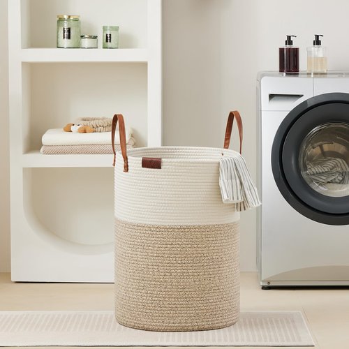 VIPOSCO Tall Laundry Basket, Large Dirty Clothes Hamper with Leather Handle, Woven Rope Storage Basket for Blanket, Toy In Living Room, Bathroom, Bedroom - 100L White & Brown