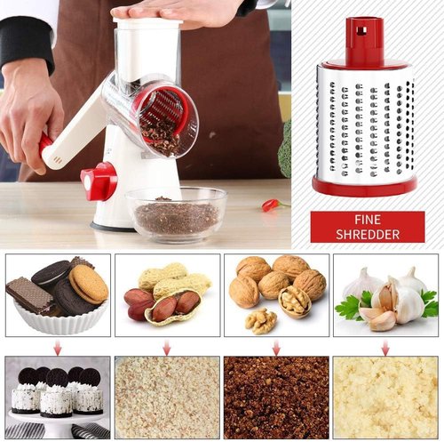 Cambom Rotary Cheese Grater - Hand Crank Shredder for Fresh Cheese, Veggies & Nuts | Red & White with Non-Slip Base