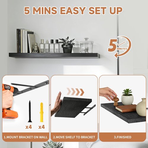 Duvique Easy Install Floating Shelves, 15.7 Inch Wall Mounted Wooden Shelf, Small Hanging Shelf for Home Decor, Books and Storage, Organizer for Bedroom, Bathroom, Kitchen, Set of 3, Black