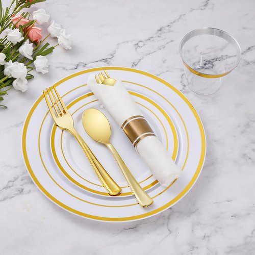 Goodluck 350-Piece Gold Plastic Dinnerware Set - Elegant Disposable Plates for 50 Guests | Includes Plates, Napkins & Cups