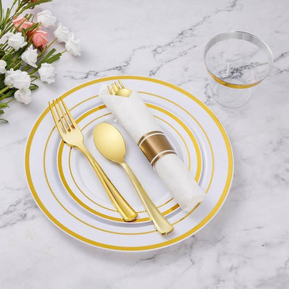 Goodluck 350-Piece Gold Plastic Dinnerware Set - Elegant Disposable Plates for 50 Guests | Includes Plates, Napkins & Cups