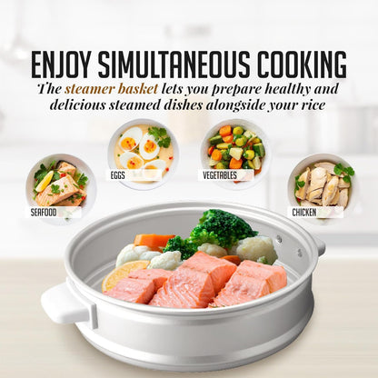 OVENTE Electric Rice Cooker - 10-Cup Capacity, Nonstick Pot & Steaming Basket Included | White RCS01W