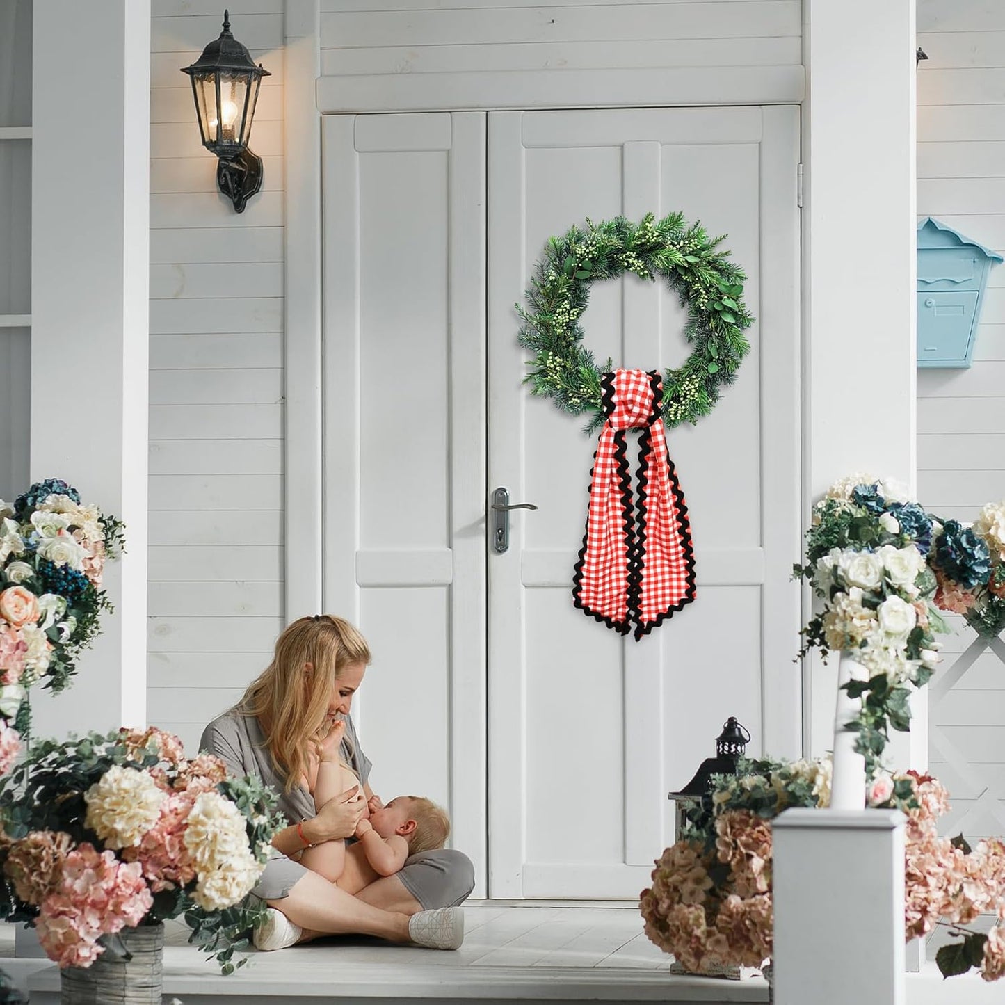 Red White Buffalo Plaid Wreath Sash by [Brand Name] - Satin Ribbon for Indoor/Outdoor Decor | 5.11 x 54.33 Inches