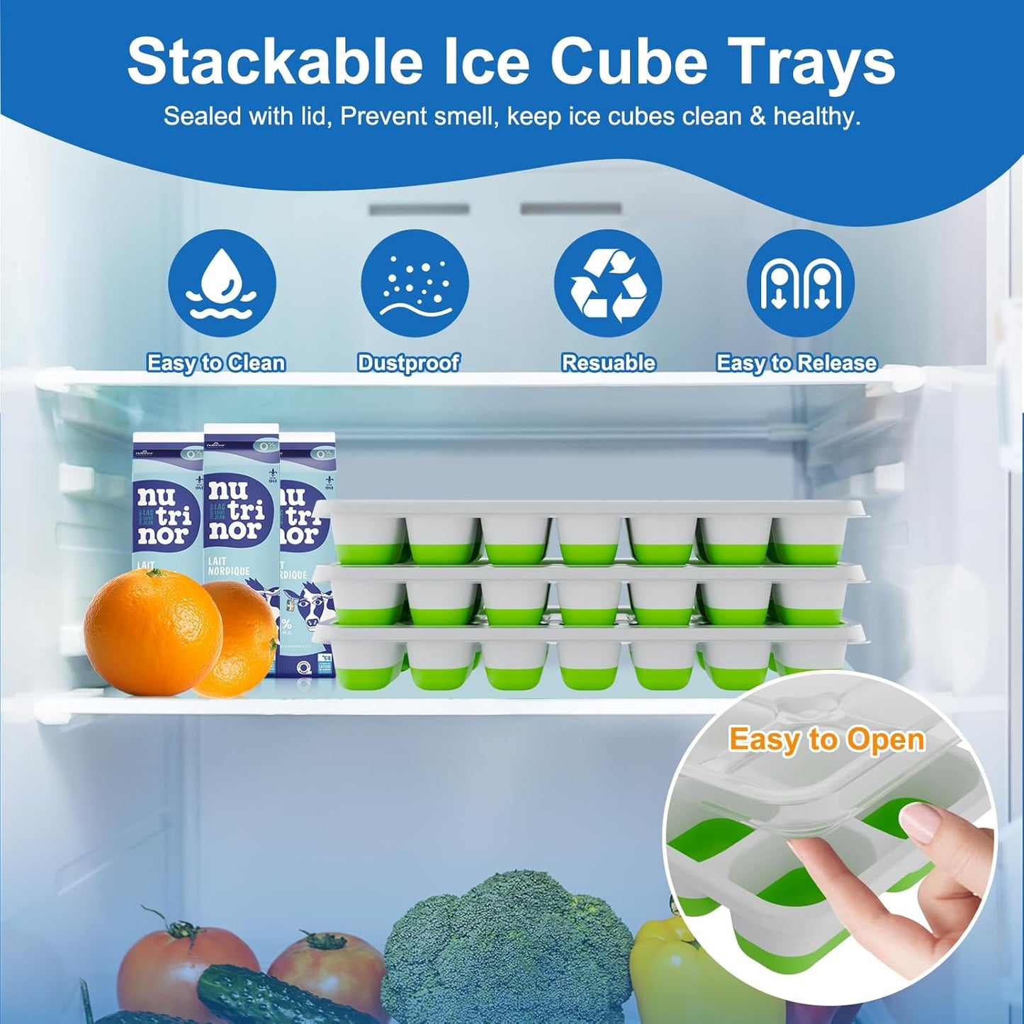 Skiennix Ice Cube Tray - Easy-Release Silicone Trays with Lids | Stackable 3-Pack, BPA-Free & Odor-Free