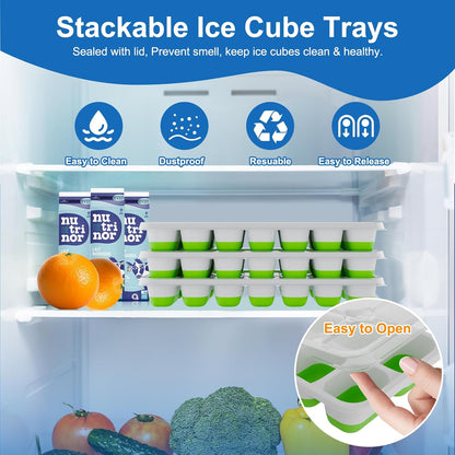 Skiennix Ice Cube Tray - Easy-Release Silicone Trays with Lids | Stackable 3-Pack, BPA-Free & Odor-Free