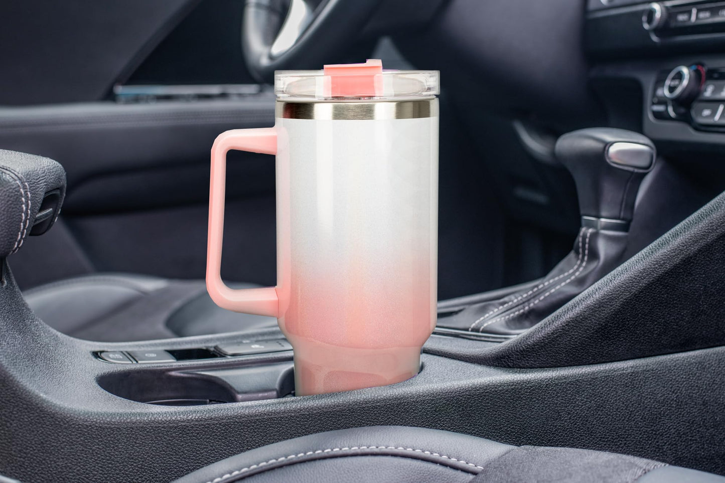 Elanze Designs 40 oz Stainless Steel, Large Water Bottle, Coffee Mug, Spill & Leak Resistant, Thermal Travel Tumbler With Handle, Lid & Straw, White/Pale Pink