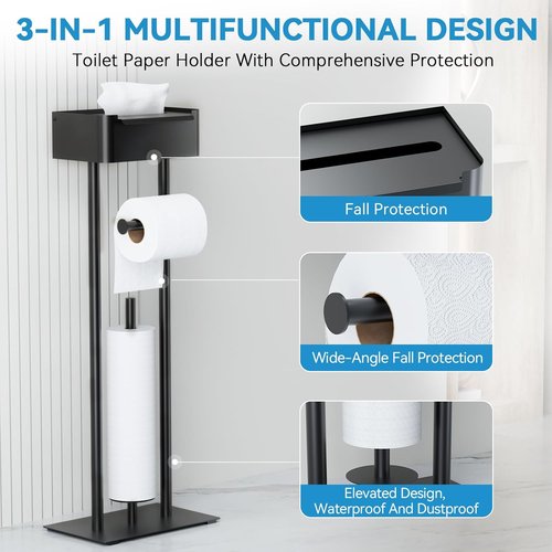 Free Standing Toilet Paper Holder by [Brand Name] - Stylish Bathroom Organizer with Shelf for 4 Rolls - 29.7” x 12.6” (Matte Black)