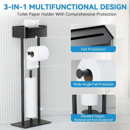Free Standing Toilet Paper Holder by [Brand Name] - Stylish Bathroom Organizer with Shelf for 4 Rolls - 29.7” x 12.6” (Matte Black)