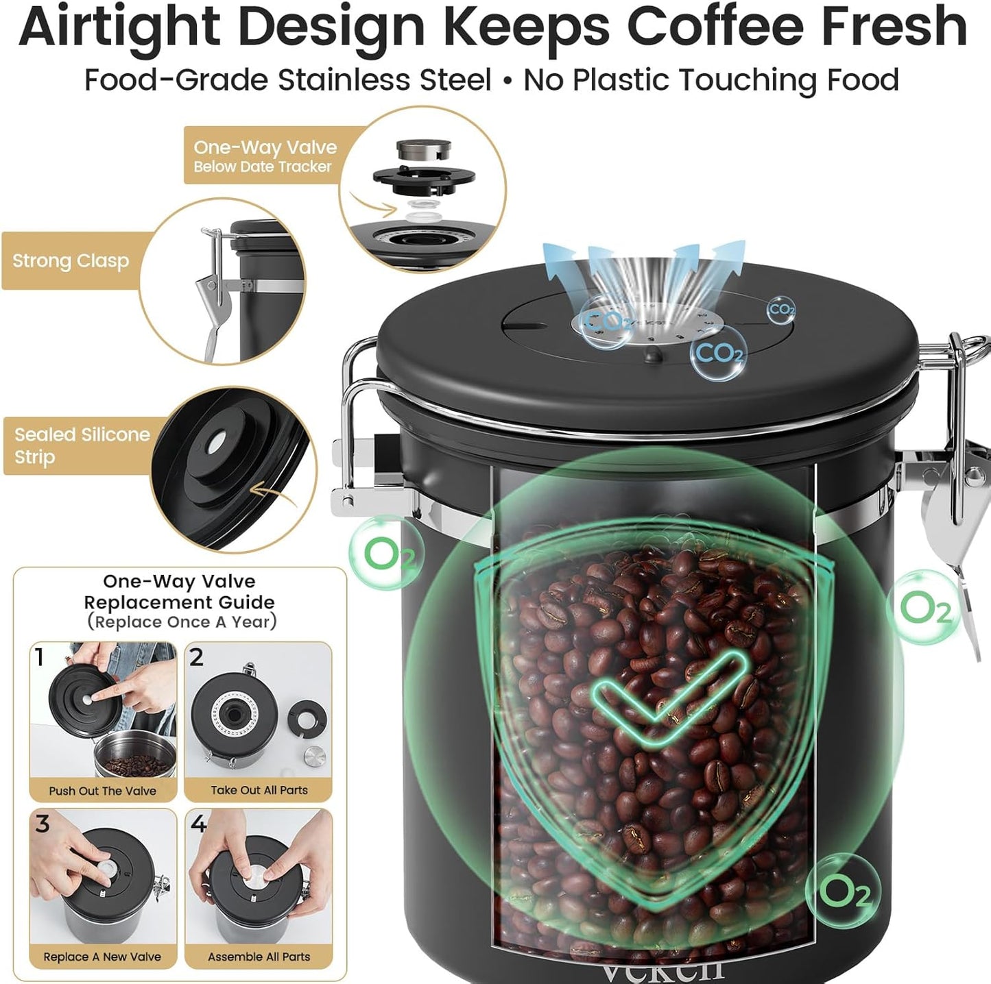 Veken Coffee Canister - Airtight Stainless Steel Storage Container with Window & Date Tracker | 16oz, Black