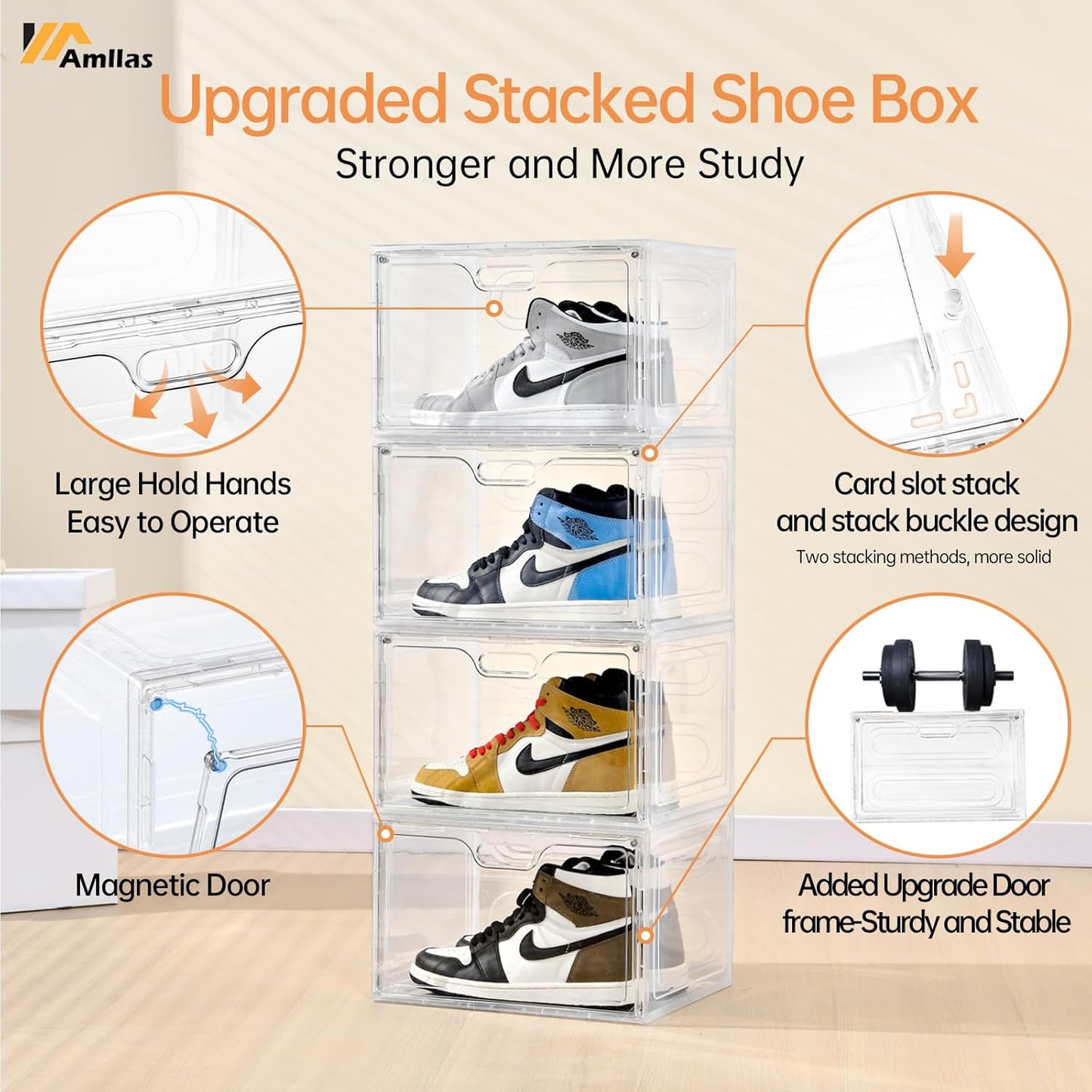 Amllas Clear Plastic Shoe Boxes - Stackable Large Storage Organizers with Lids | Fits Up to US Size 13 (13” x 10.6” x 8.3”)
