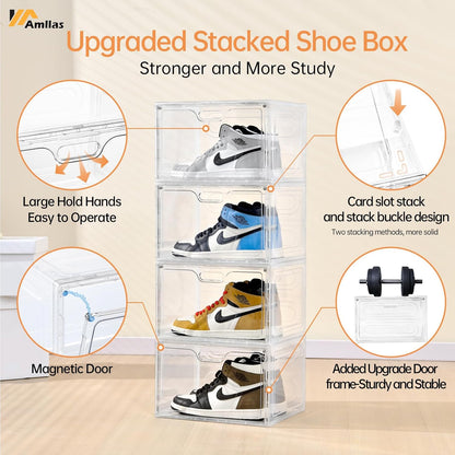 Amllas Clear Plastic Shoe Boxes - Stackable Large Storage Organizers with Lids | Fits Up to US Size 13 (13” x 10.6” x 8.3”)