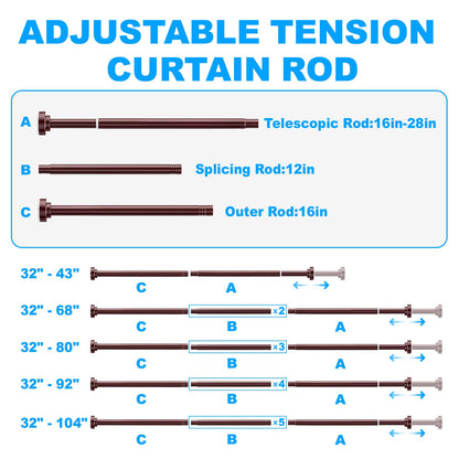 TEECK Shower Curtain Rod, 32-92 inch Adjustable Spring Tension Curtain Rod, Never Rust Anti-Slip Shower Curtain Rod for Bathroom, No Drilling, Never Collapse, Easy to Use, Brown
