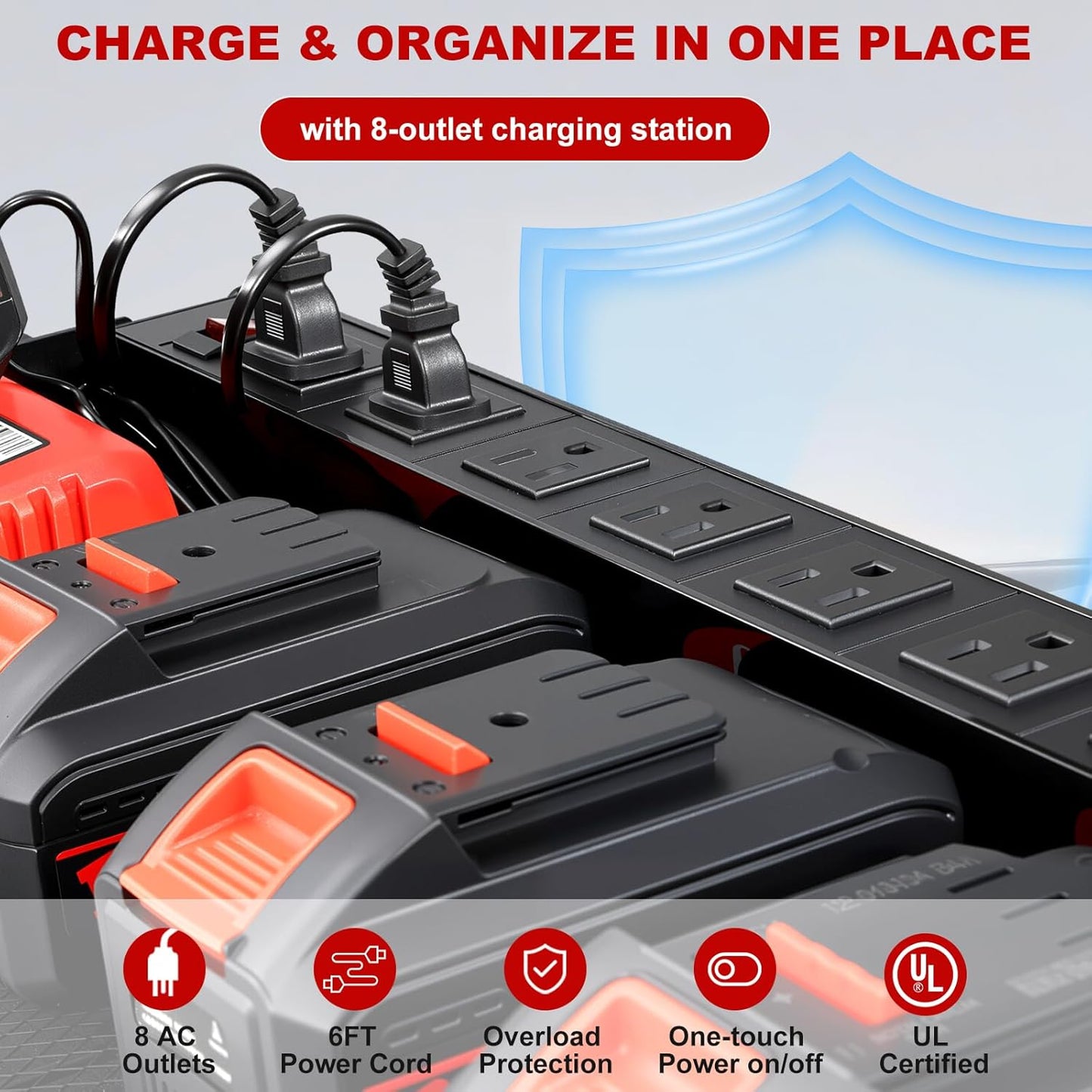 Power Tool Organizer - Heavy Duty Wall Mount with Charging Station & 4 Drill Holders | Red