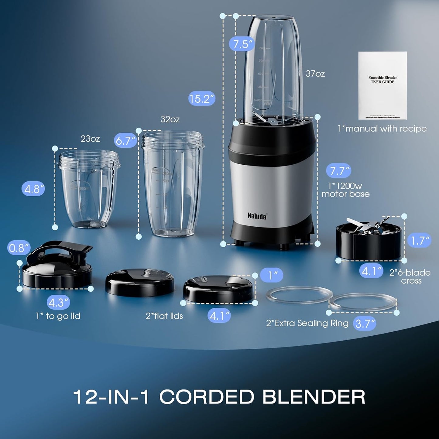 Nahida Blender - 1200W Smoothie Blender for Ice Crushing | Includes 23oz, 32oz, 37oz Easy Go Cups - Silver