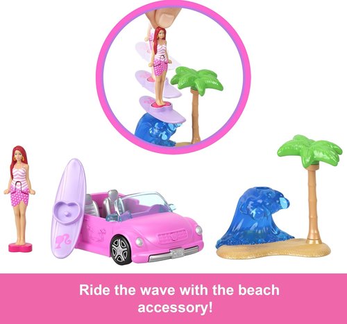 Barbie Mini Doll & Beach Convertible Vehicle Set - 1.5-Inch Color-Change Doll with Accessories