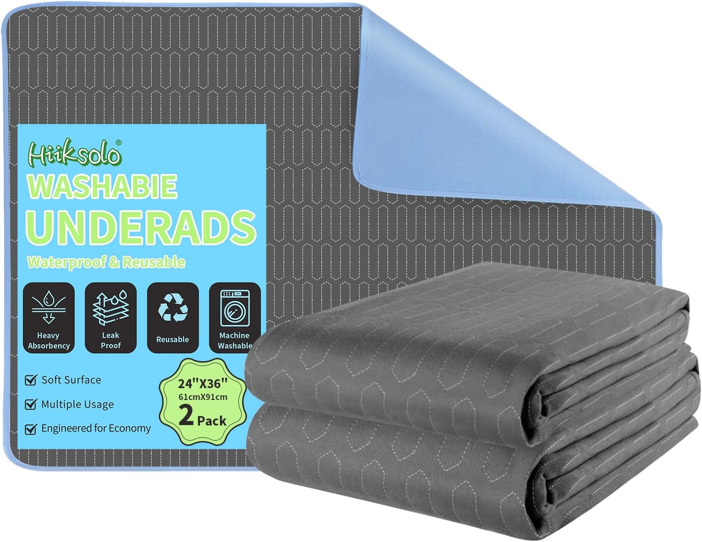 Skiennix Washable Waterproof Bed Pads - Reusable Incontinence Underpads for Kids & Adults | 24" x 36", 2 Pack, Dark Gray
