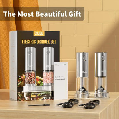 DIJEE 2Pack Electric Salt and Pepper Grinder Set with Tray USB Rechargeable Pepper Grinder Mill with LED Light Adjustable Coarseness Large Capacity Automatic Gravity Pepper Grinder for Kitchen
