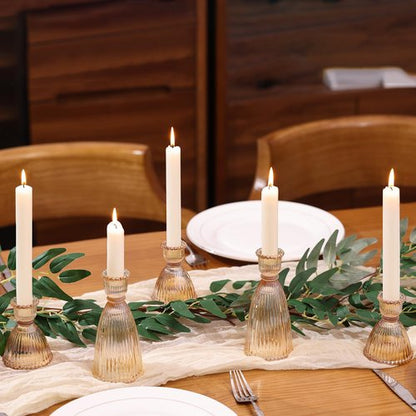 LAMORGIFT Gold Candlestick Holders Set - 4pcs 3.5" & 2pcs 6" Assorted Taper Candle Holders for Weddings | Modern Ribbed Glass Decor