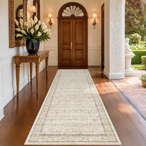 Beige 3x10 Washable Long Hallway Runner Rug Non Slip, Stain & Fade Resistant Farmhouse Kitchen Rug, Neutral Traditional Home Décor, Low Pile Non-Shedding Stain Resistant Oriental Carpet