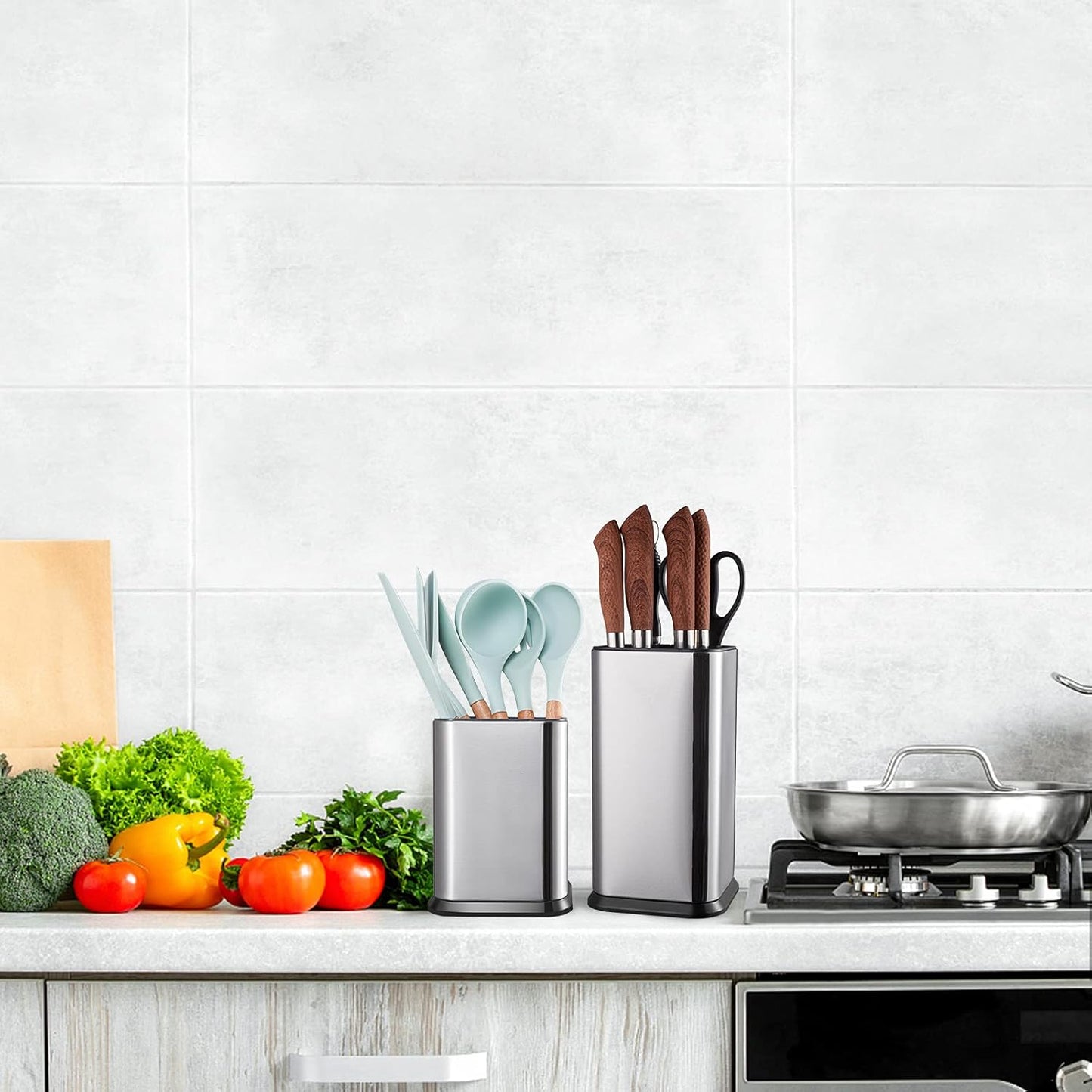 RedCall Stainless Steel Kitchen Utensil Holder - Modern Rectangular Organizer for Countertop | Large Silver Caddy