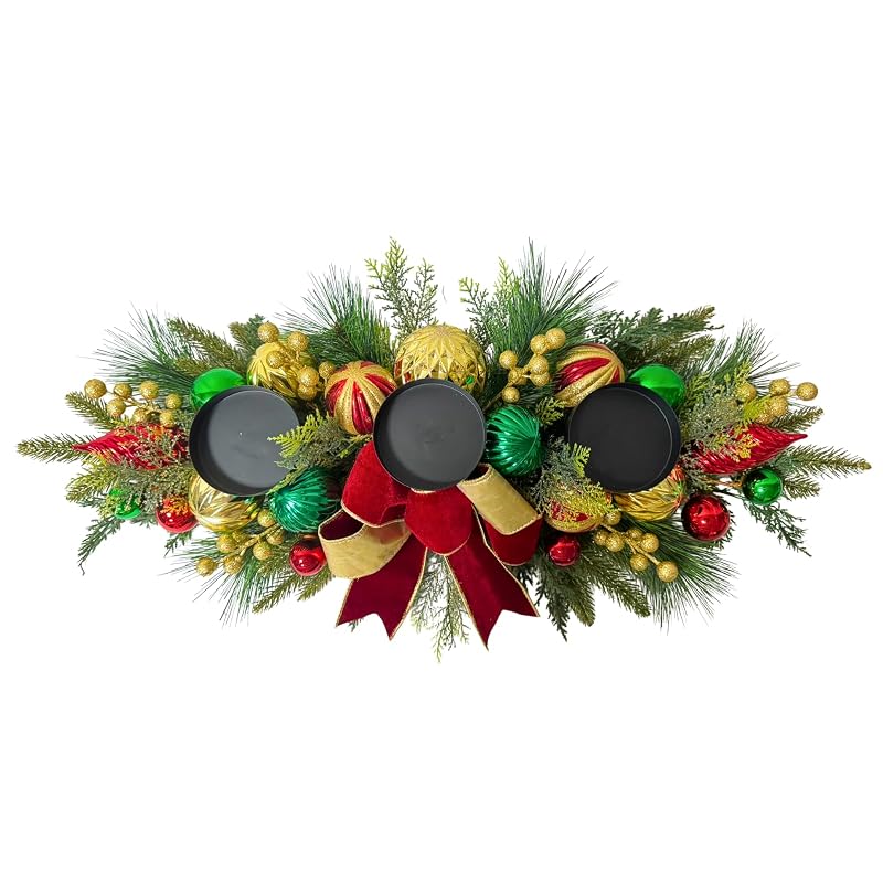 Christmas Candle Holder Centerpiece with 3 Candle Holders and Red Bow