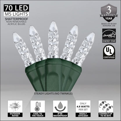 Skiennix 24 Ft M5 LED Christmas Lights - 70 Count Cool White Mini String | Indoor/Outdoor Use