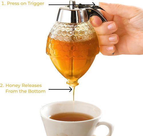 Hunnibi 8oz No Drip Glass Honey Dispenser - Honeycomb Syrup Server with Bee-Themed Stand