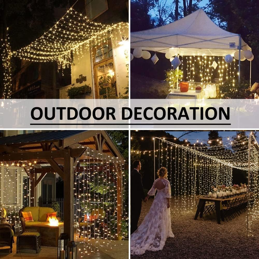 Solhice LED Curtain Lights - 20ft x 10ft Outdoor String Lights | 600 Warm White Twinkle LEDs for Wedding Decor