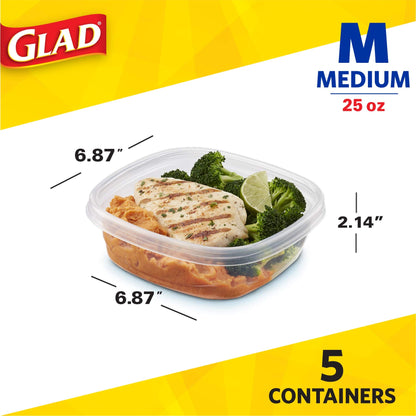 Glad Medium Square Food Storage Containers for Everyday Use | Medium Square Food Storage Containers Hold up to 25 Ounces of Food (25 Oz) |5 Count, Standard Food Containers, Blue, Clear