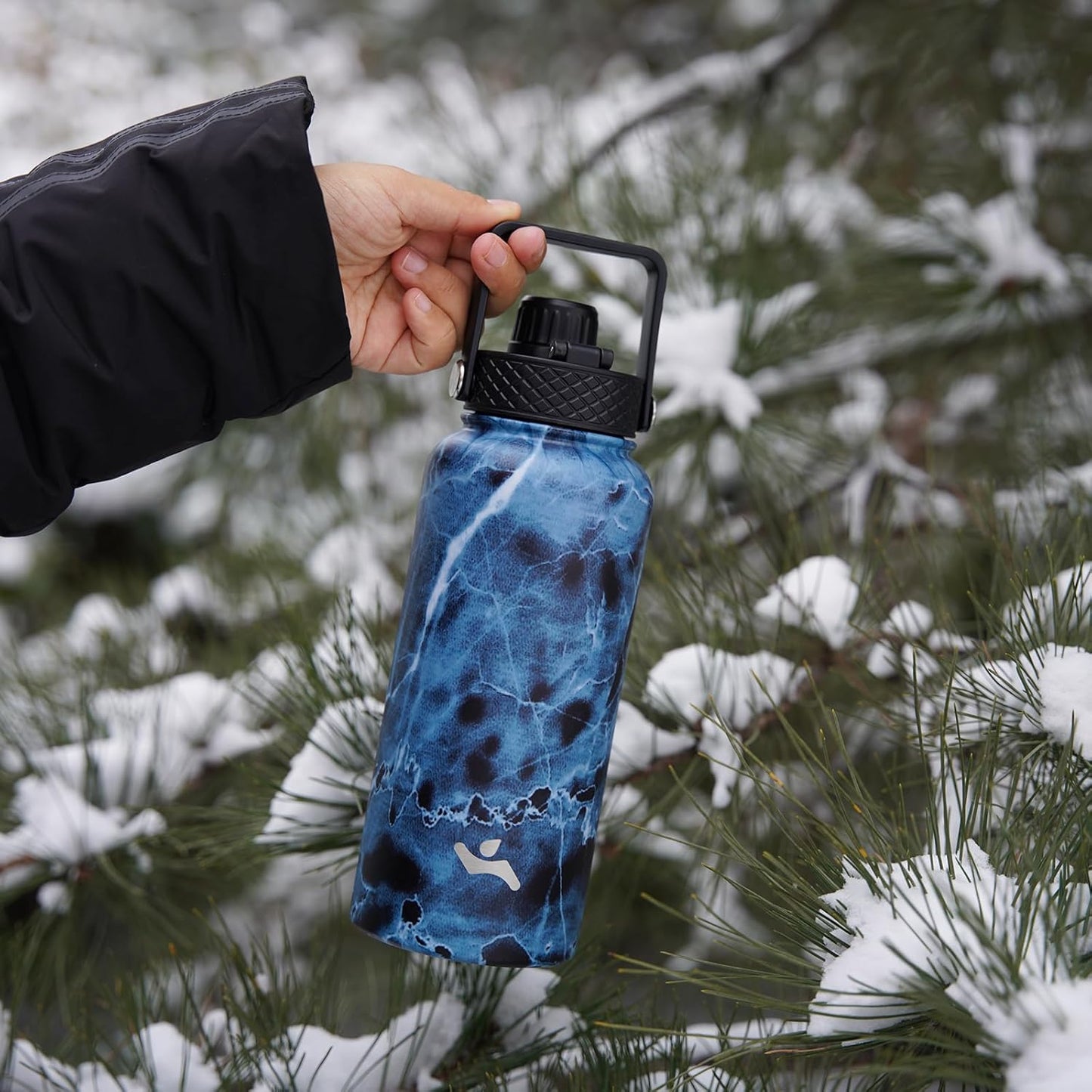 Skiennix Insulated Water Bottle - 24oz Stainless Steel Sport Bottle with 3 Lids | Marble Ocean Design