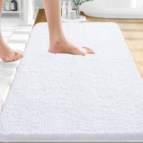 OLANLY Bathroom Rugs 30x18, Extra Soft Absorbent Chenille Bath Rugs, Rubber Backing Quick Dry, Machine Washable Bath Mats for Bathroom Floor, Tub and Shower, Home Decor Accessories, White