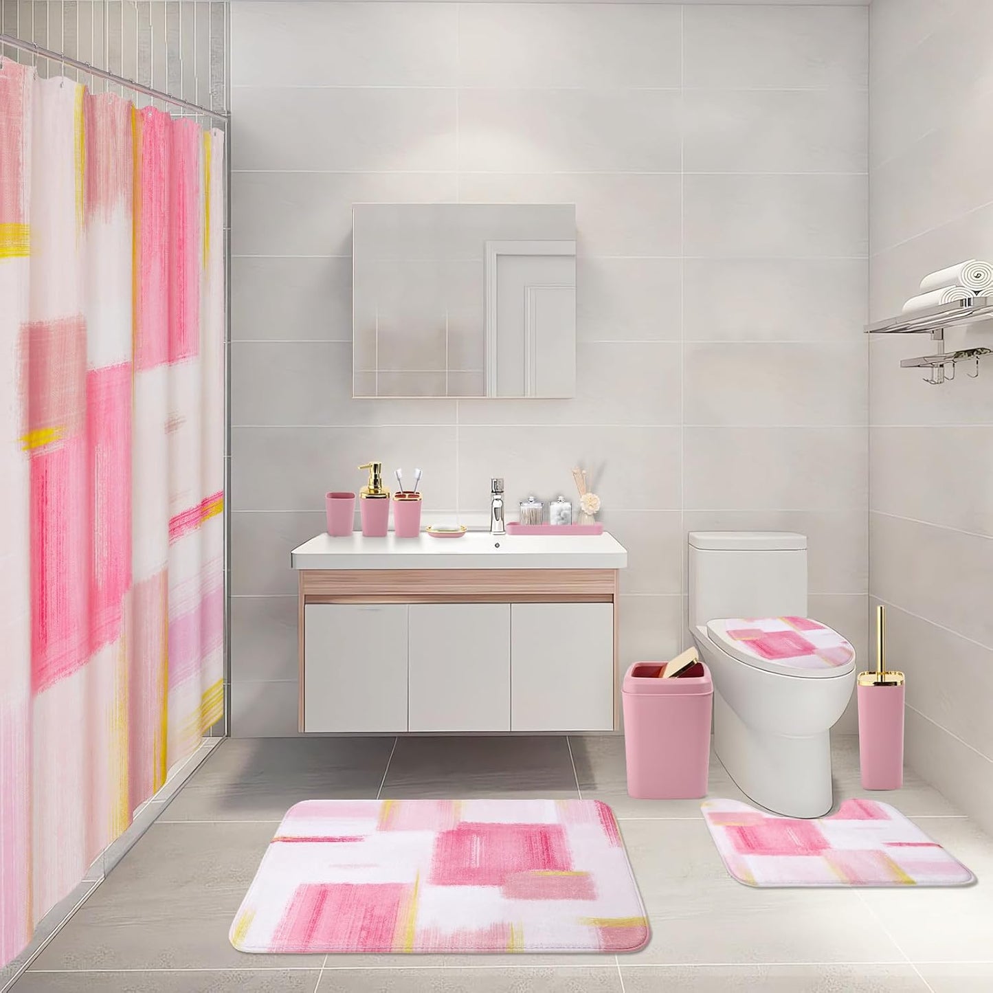 XLHOMO Bathroom Set - Elegant Pink & Gold Accessories with Shower Curtain, Rugs & Dispenser