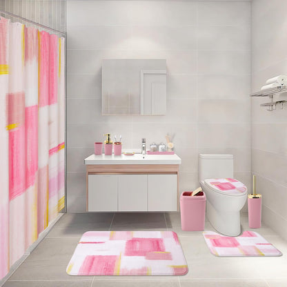 XLHOMO Bathroom Set - Elegant Pink & Gold Accessories with Shower Curtain, Rugs & Dispenser
