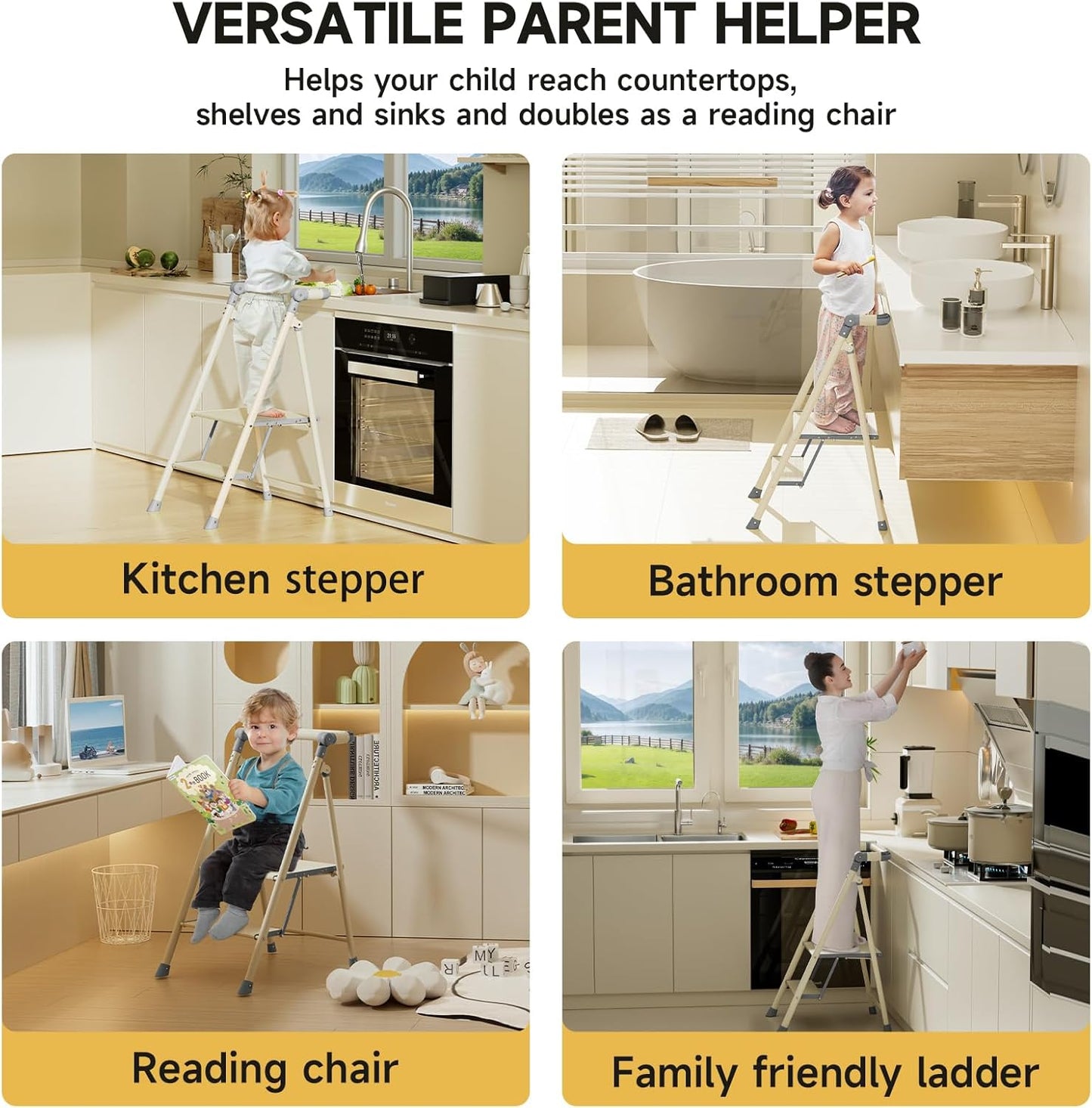 UNICOO Foldable Toddler Tower - 2-Step Kids Step Stool with Safety Rail | Compact Design for Home Use