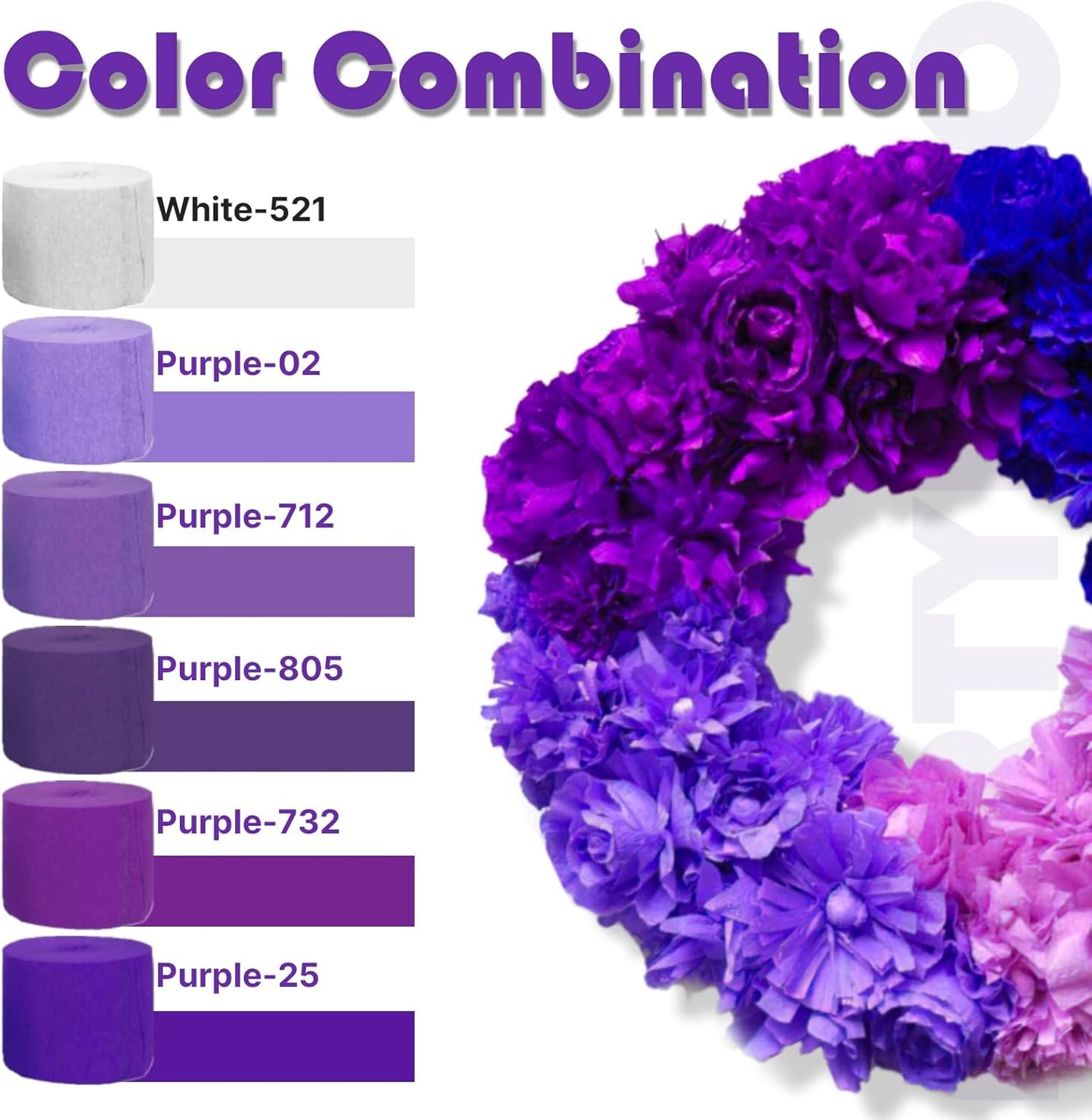 PartyWoo Purple Crepe Paper Streamers - 8pcs 656ft Light & Dark Purple, Lavender, White & Silver for Birthday & Graduation Decor