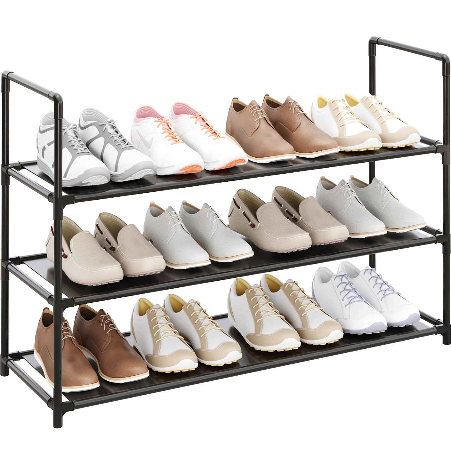 Vockot 3-Tier Stackable Shoe Rack, Sturdy & Durable Long Shoe Shelf Storage Organizer for Entryway, Bedroom, Floor,10-12 Pairs of Shoes,Black