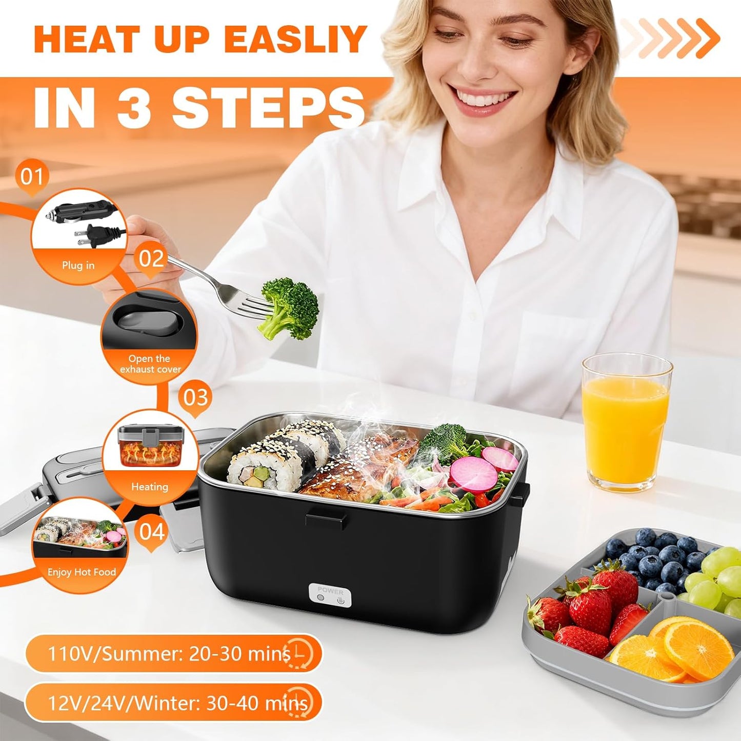 Skiennix Electric Lunch Box - 2.8L Double Layer Food Heater for Home, Office & Travel - Black