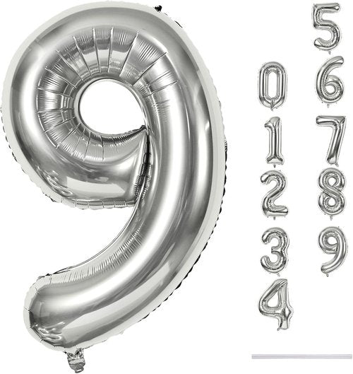 40'' Silver Number 9 Balloon - Giant Self-Inflating Foil Balloon for 9th Birthday & Anniversary Celebrations