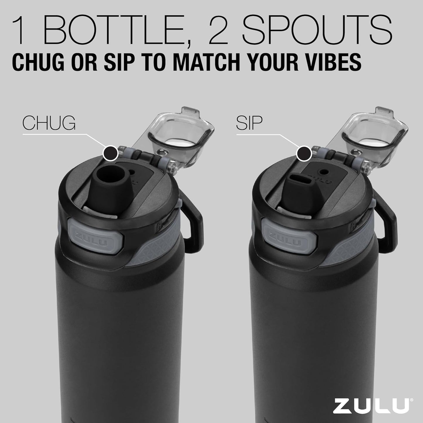 ZULU Powerfill Pro 32oz Stainless Steel Water Bottle - Quick Fill Lid, Triple Walled Insulation, Leak Proof, Black