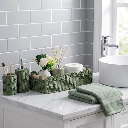 CubesLand Toilet Paper Storage Basket - Scalloped Edge Green Decor | Cozy Small Paper Rope Baskets with Handles