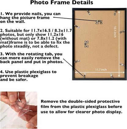 JCJMY A3 Black Picture Frame - Versatile Display for 8.3x11.7 or 11.7x16.5 Photos | Wall Hanging with Plexiglass