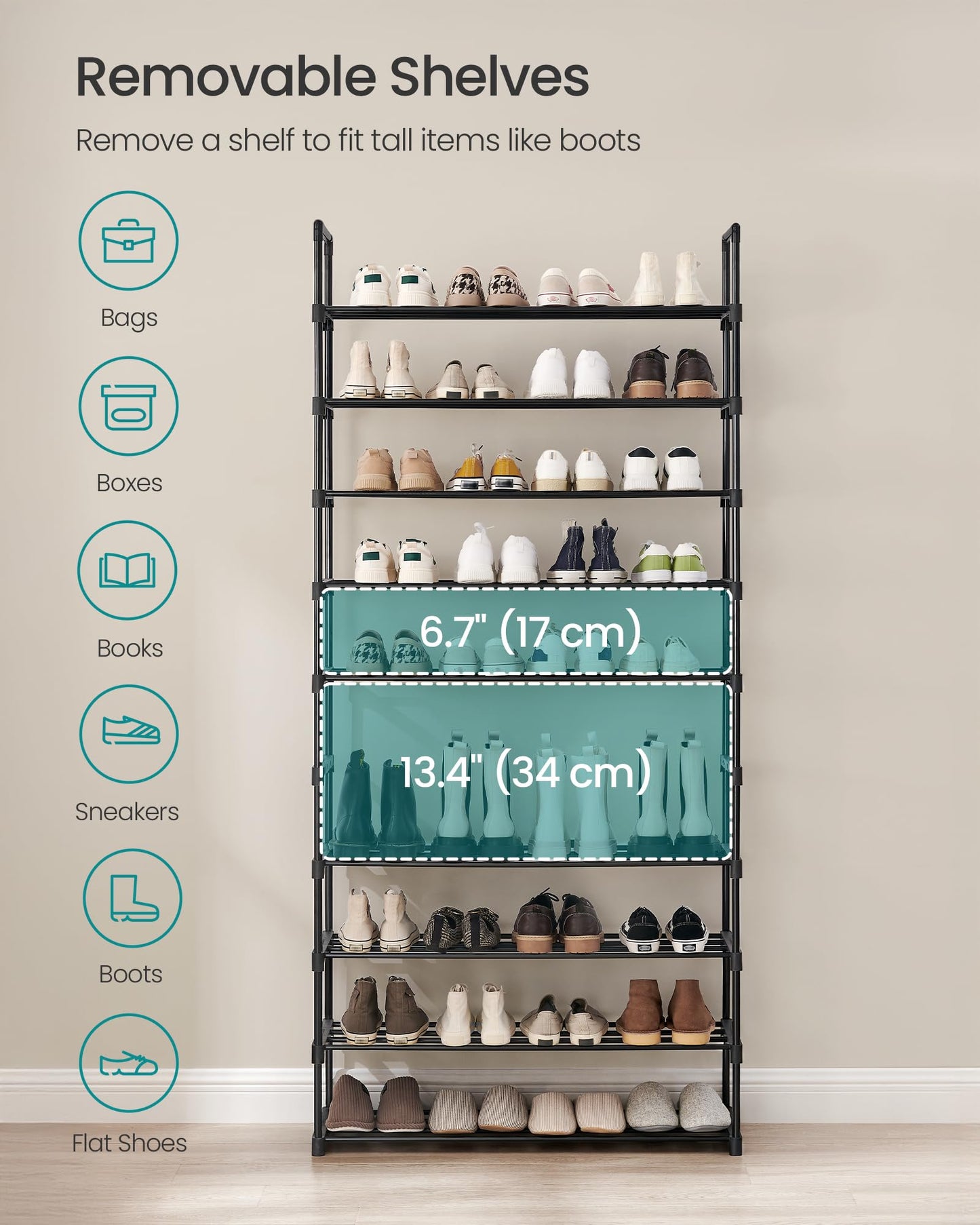 SONGMICS Shoe Rack, 10-Tier Shoe Organizer, Metal Storage Shelf, Upright or Upside Down, for 44-55 Pairs, for Entryway, 11.8 x 36.2 x 68.1 Inches, Black ULSA011B01