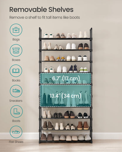 SONGMICS Shoe Rack, 10-Tier Shoe Organizer, Metal Storage Shelf, Upright or Upside Down, for 44-55 Pairs, for Entryway, 11.8 x 36.2 x 68.1 Inches, Black ULSA011B01