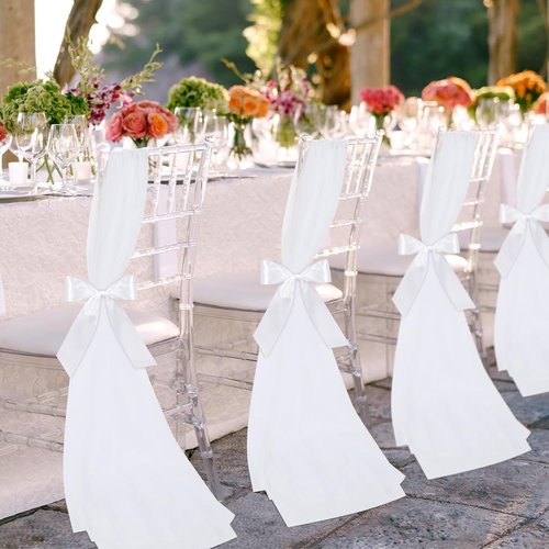 HunnmingRe Wedding Aisle Chair Decor - 24 Sets of White Sashes with Ribbons & Tulle for Ceremonies