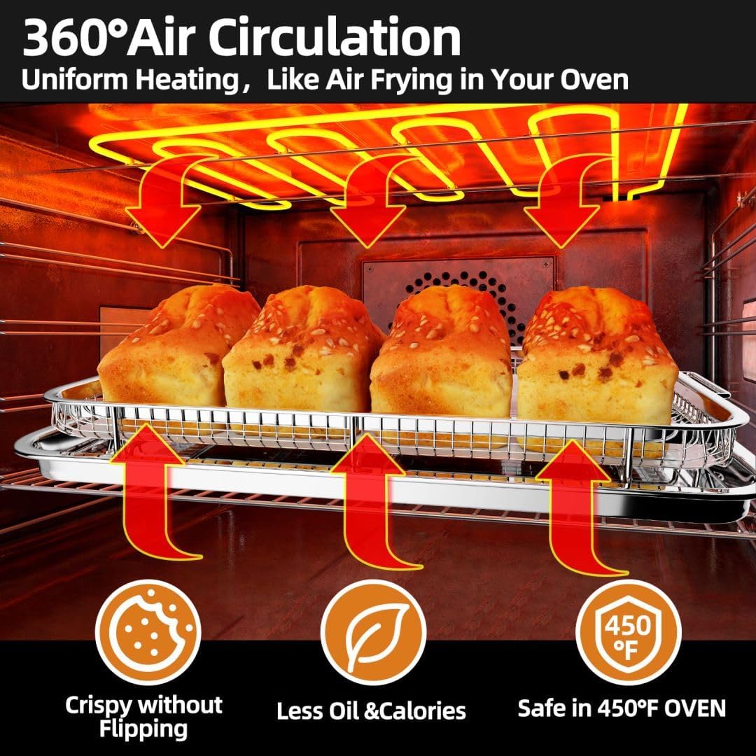 Air Fryer Basket - Extra Large 18.8" x 12.8" Stainless Steel Oven Tray Set with 30 Parchment Papers | Silver